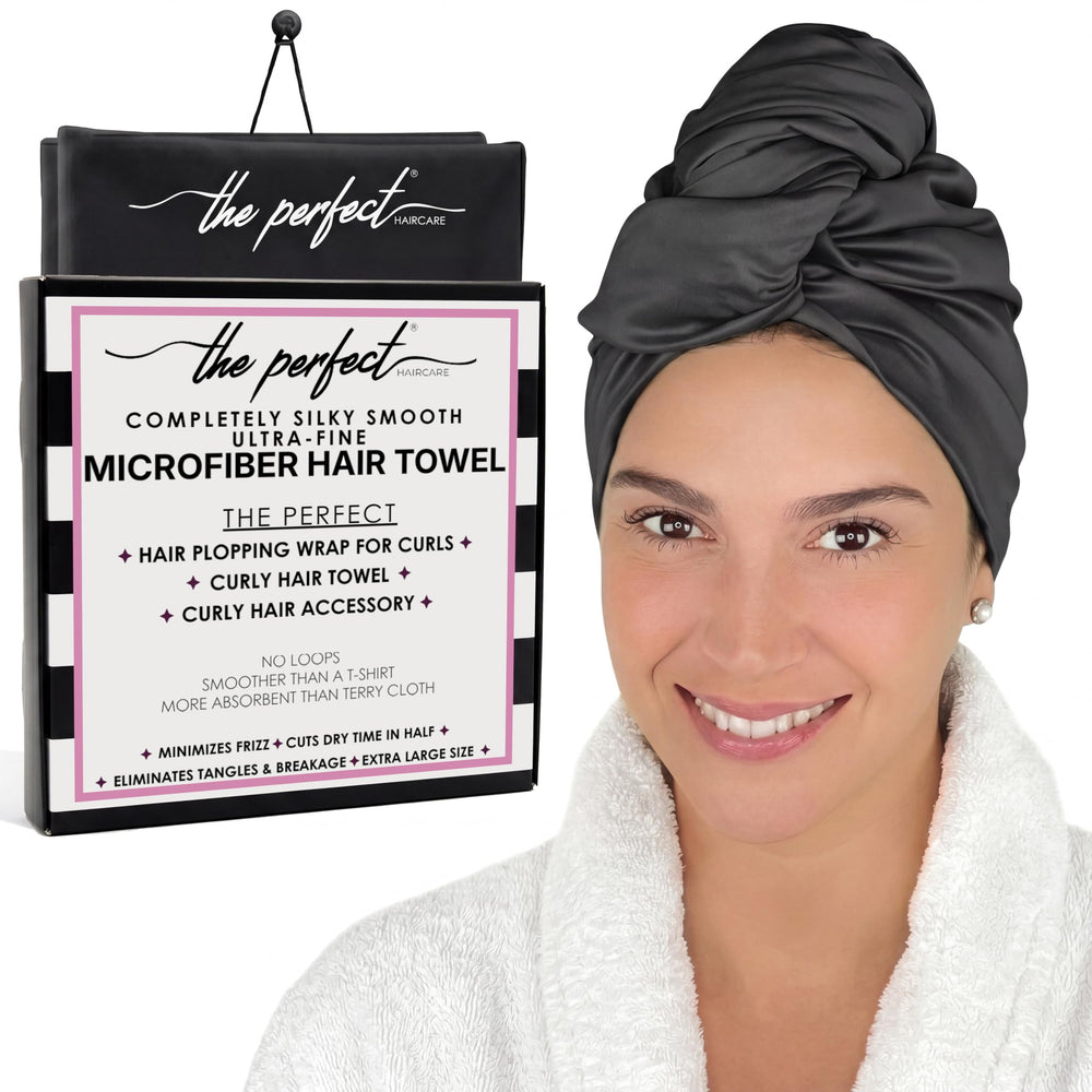 THE PERFECT HAIRCARE front view of towel wrap showing oversized shape and fast drying benefit