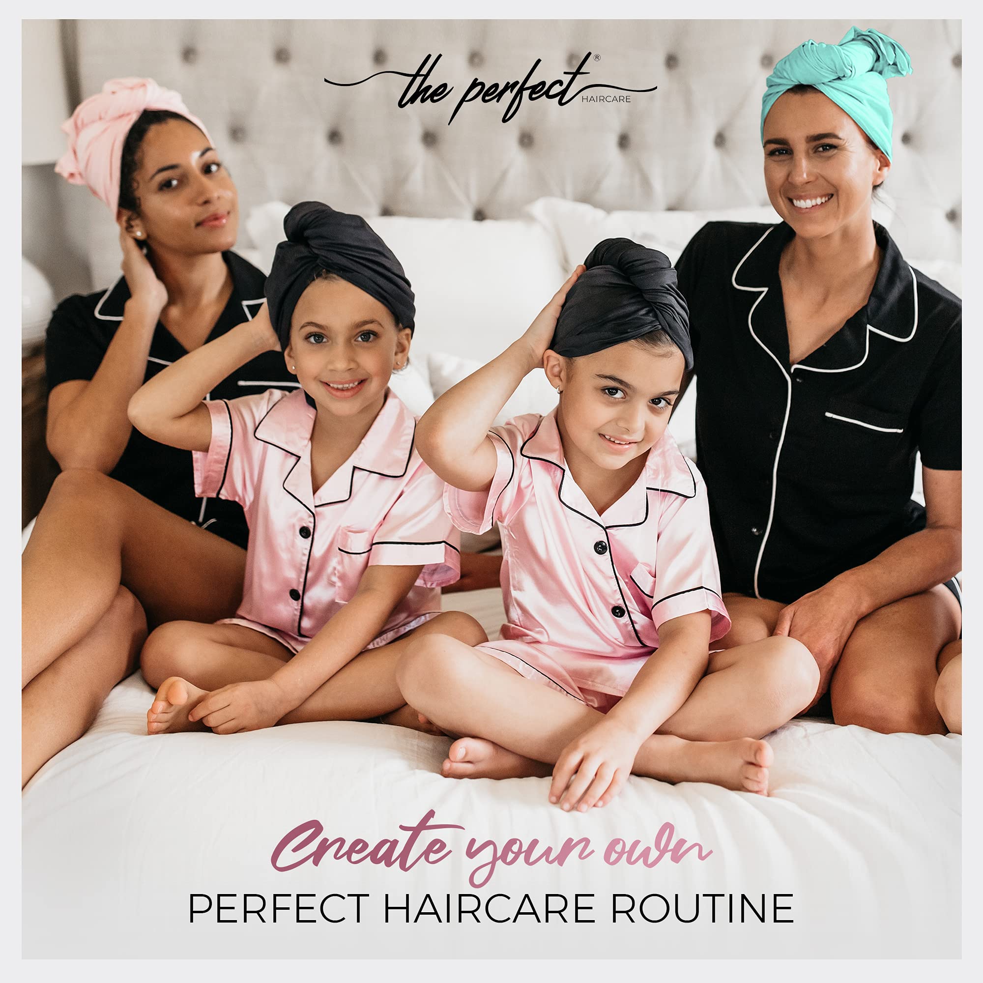 THE PERFECT HAIRCARE towel wrapped on model to show generous size and styling versatility