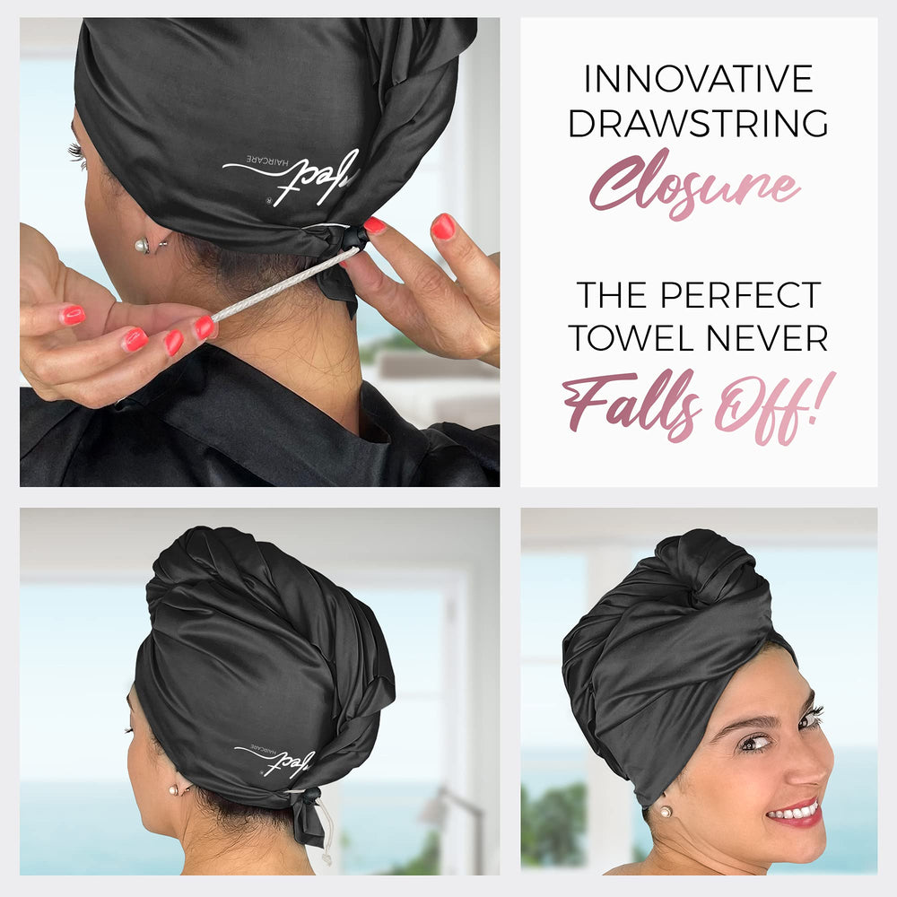 THE PERFECT HAIRCARE model wearing wrap with wet hair showing faster drying and convenience