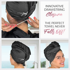 THE PERFECT HAIRCARE model wearing wrap with wet hair showing faster drying and convenience