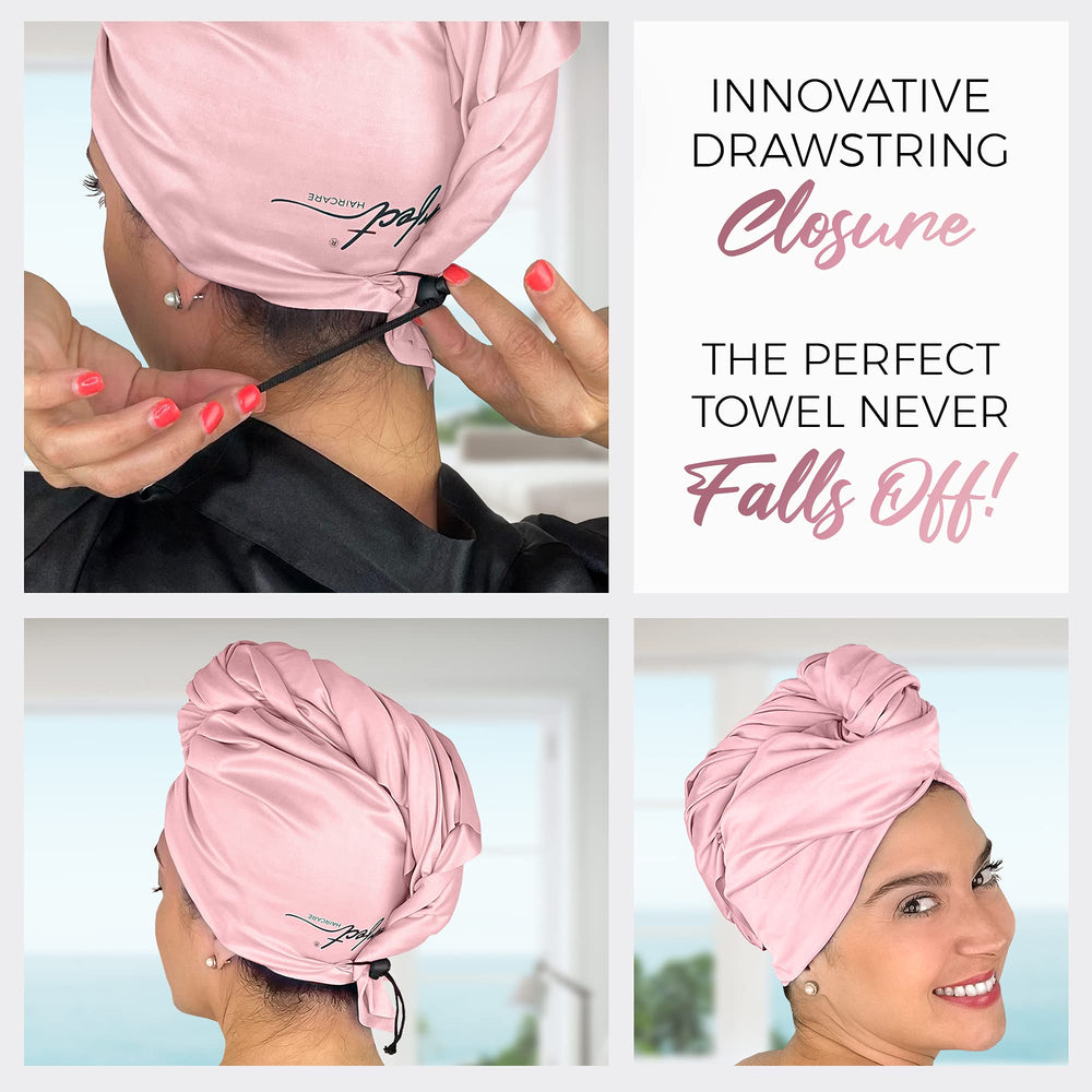THE PERFECT HAIRCARE towel wrapped on head for hands-free drying