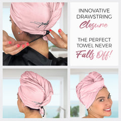 THE PERFECT HAIRCARE towel wrapped on head for hands-free drying