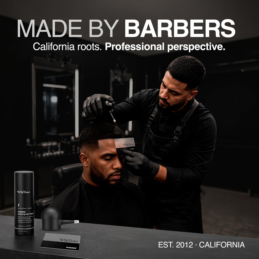 The Rich Barber fibers being applied to a hairline for seamless natural-looking coverage