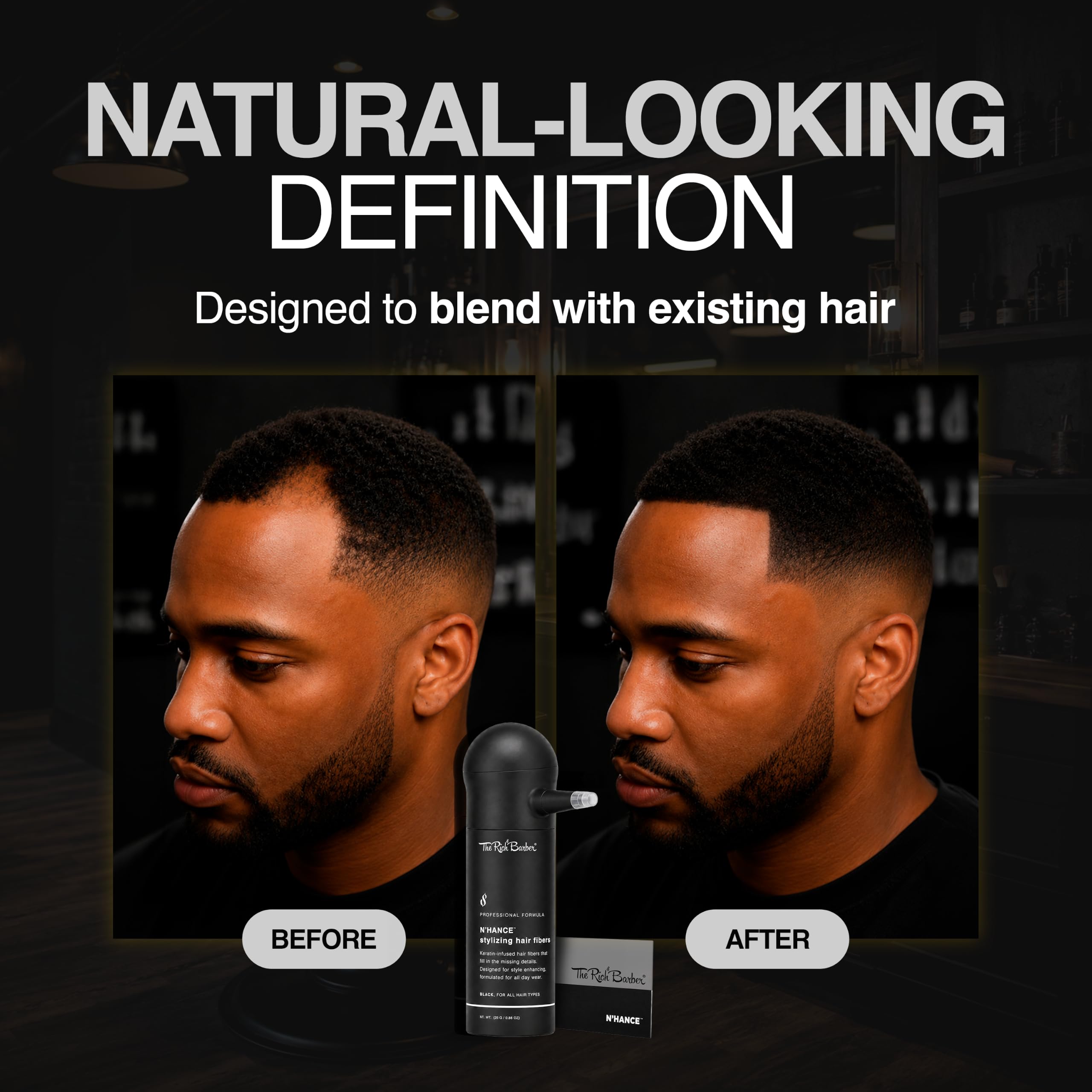 The Rich Barber keratin-infused fiber bottle close-up showing fiber texture and blend