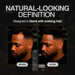The Rich Barber keratin-infused fiber bottle close-up showing fiber texture and blend
