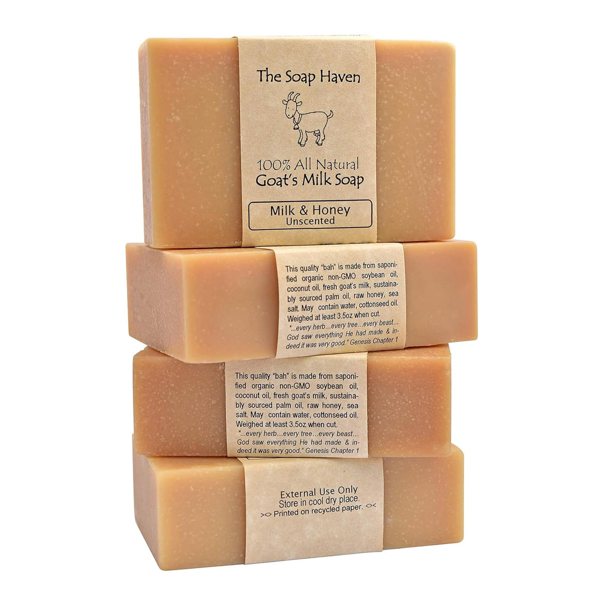 The Soap Haven front packaging showing four natural bars and clear labeling, promotes trust