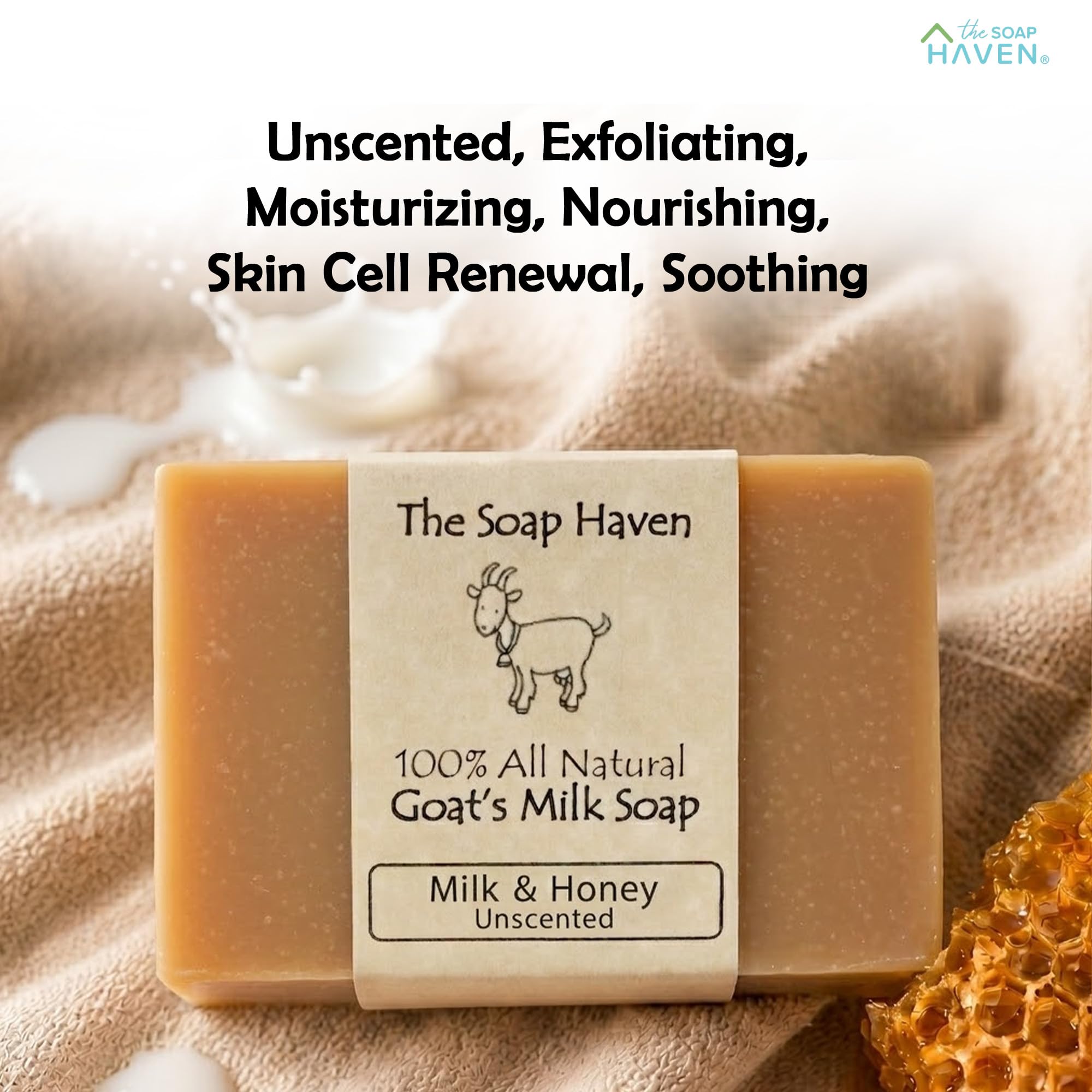 The Soap Haven raw goat milk and honey ingredients arranged to emphasize natural sourcing benefits