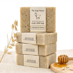 The Soap Haven front packaging showing four oat and honey bars, clear branding and natural look