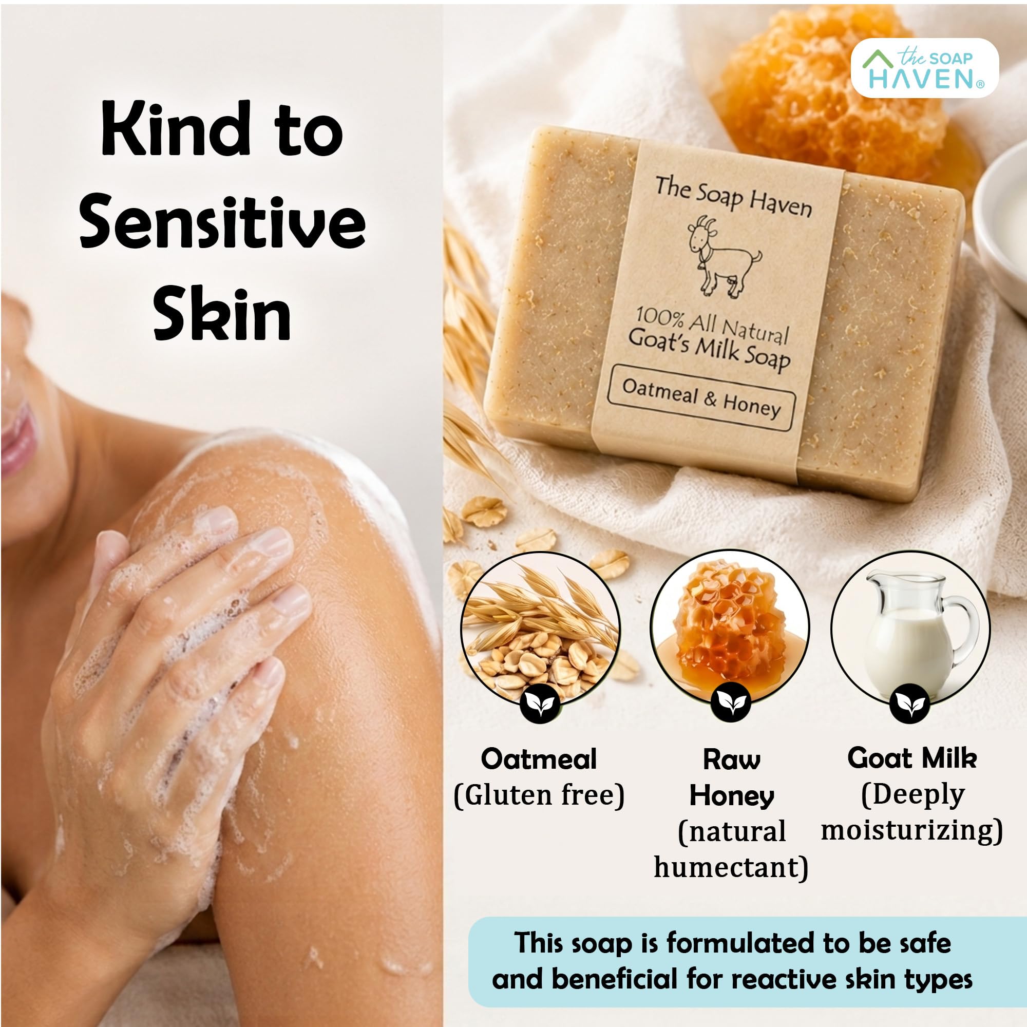 Hand holding a single bar to show real-life size and ergonomic shape of The Soap Haven soap