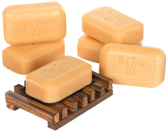 THE SOAP WORKS tea tree bar with wood dish showing packaging and practical drying benefit