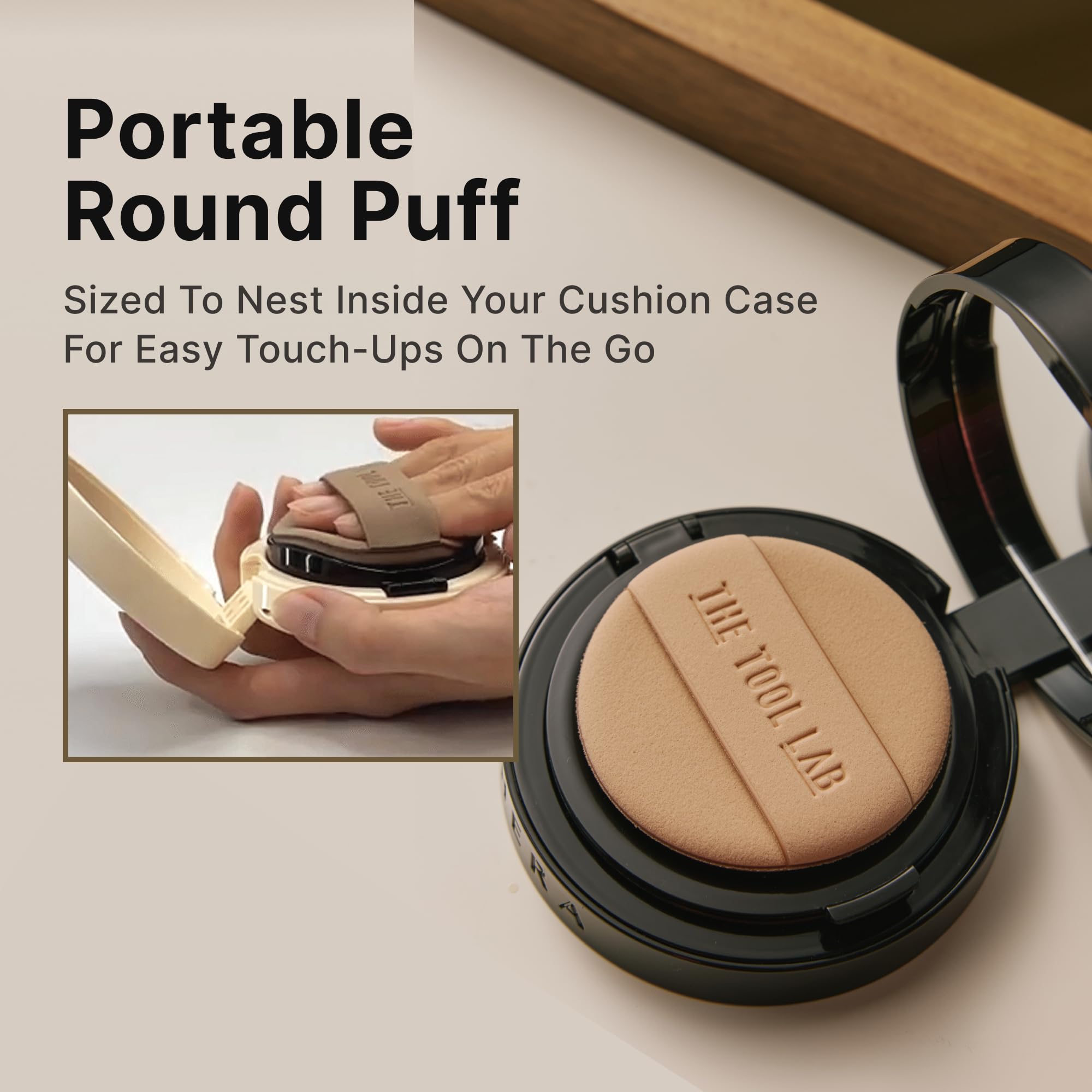 THE TOOL LAB puffs in makeup bag with compact showing portability and on-the-go touch-up ease