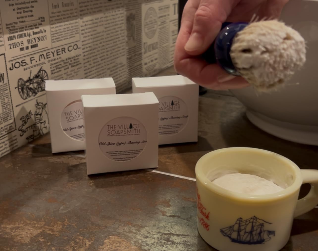 The Village Soapsmith Old Spice soap texture close-up highlighting creamy surface and quality