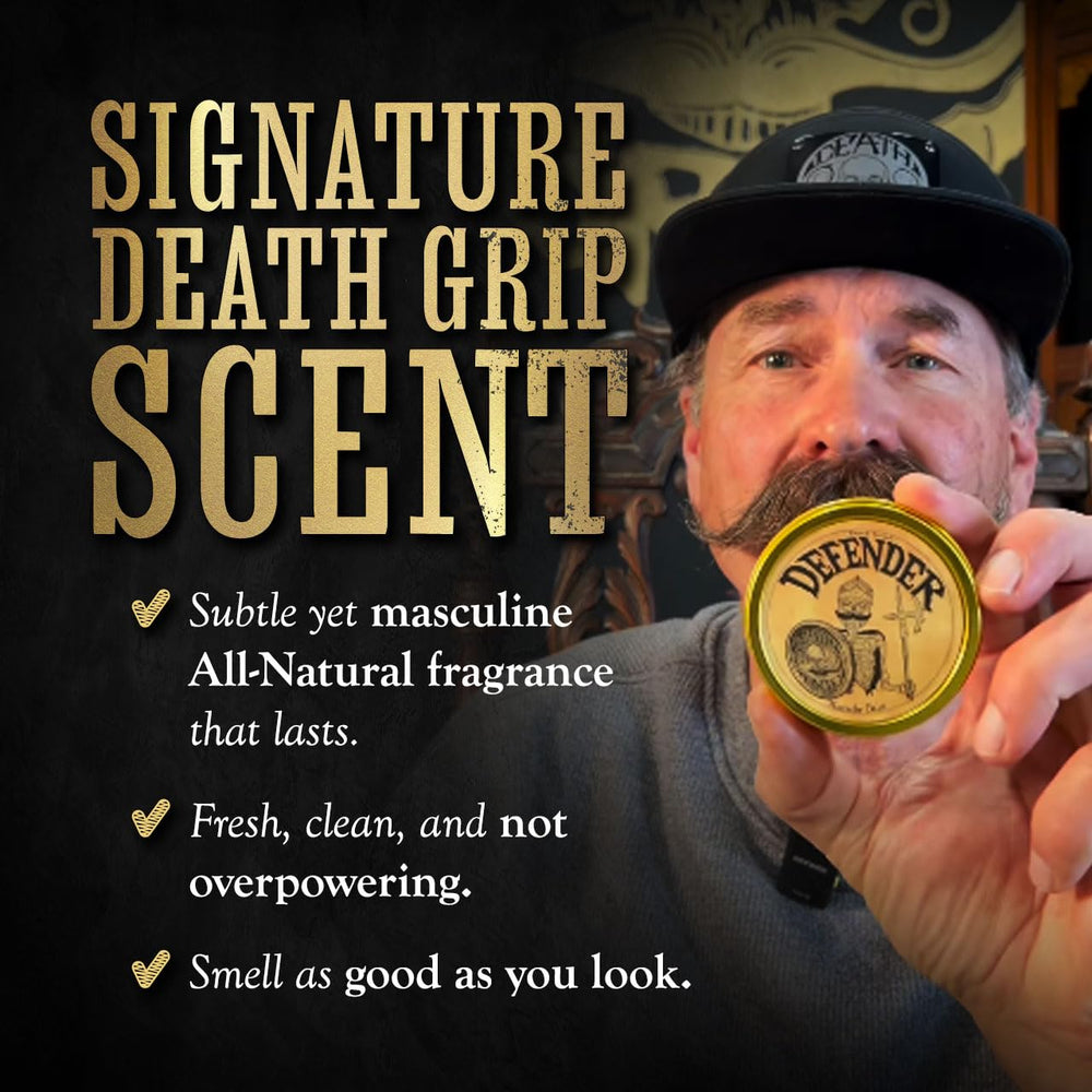 THE VINTAGE GROOMING CO. balm on fingertips ready for quick application and styling