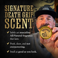THE VINTAGE GROOMING CO. balm on fingertips ready for quick application and styling
