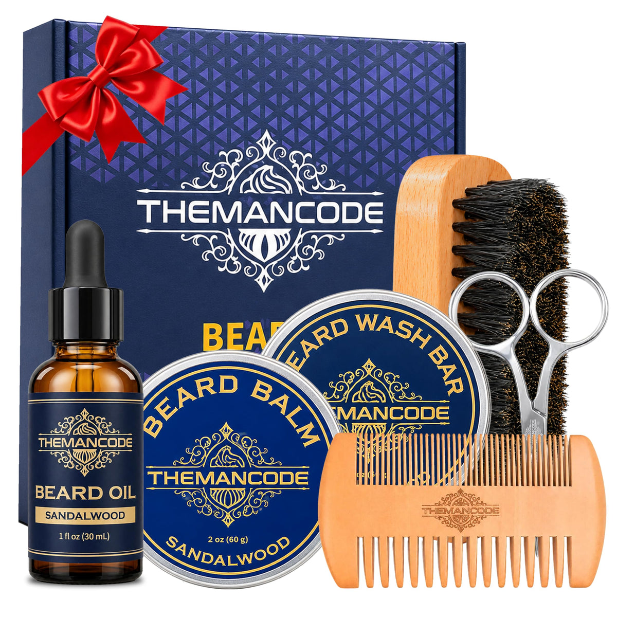THEMANCODE packaging shot showing full sandalwood grooming kit benefits