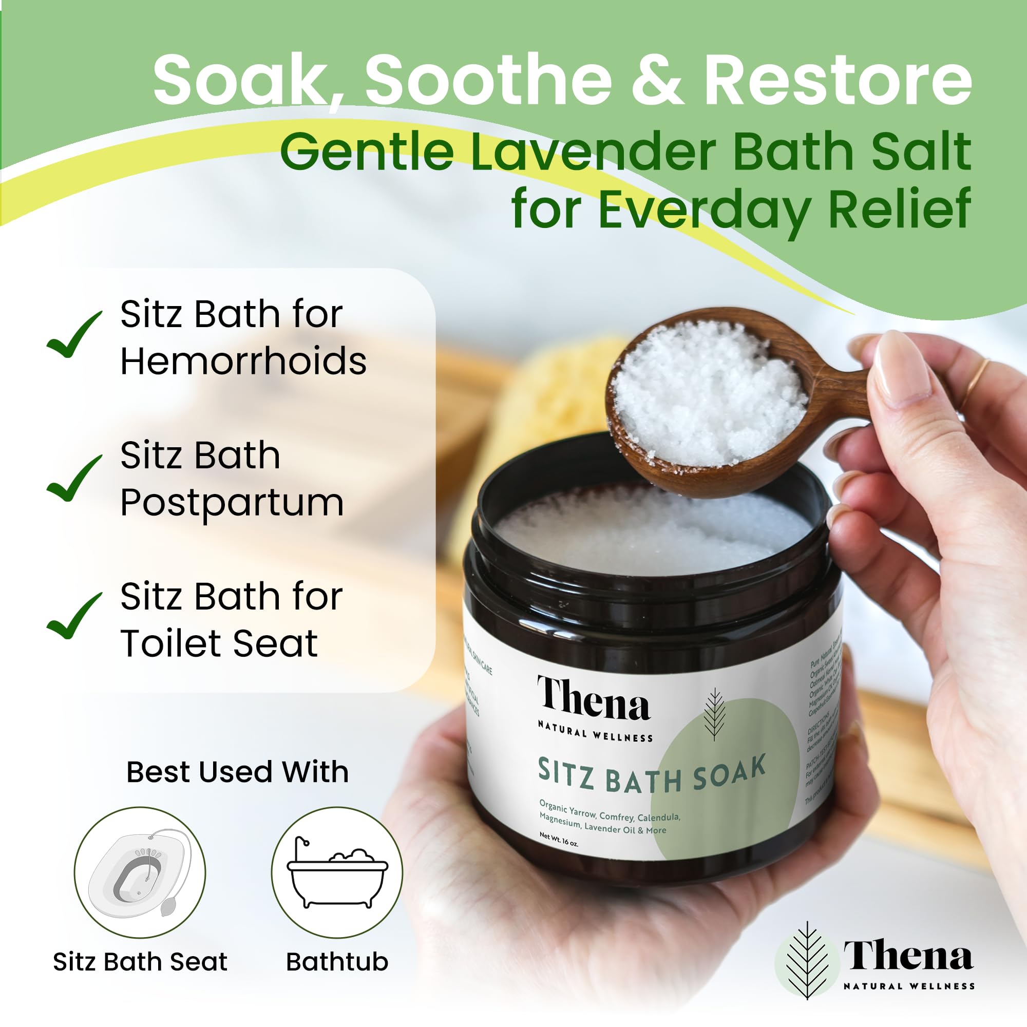 THENA ingredients label displaying botanical list for gentle postpartum care benefit