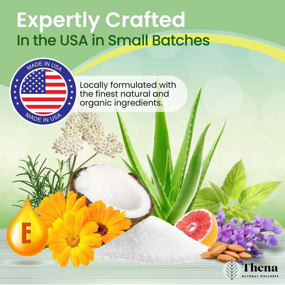 THENA lavender blooms beside jar showing calming scent and relaxation benefit