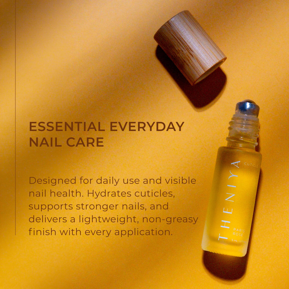Theniya bottle next to a hand showing 5mL travel-size convenience benefit