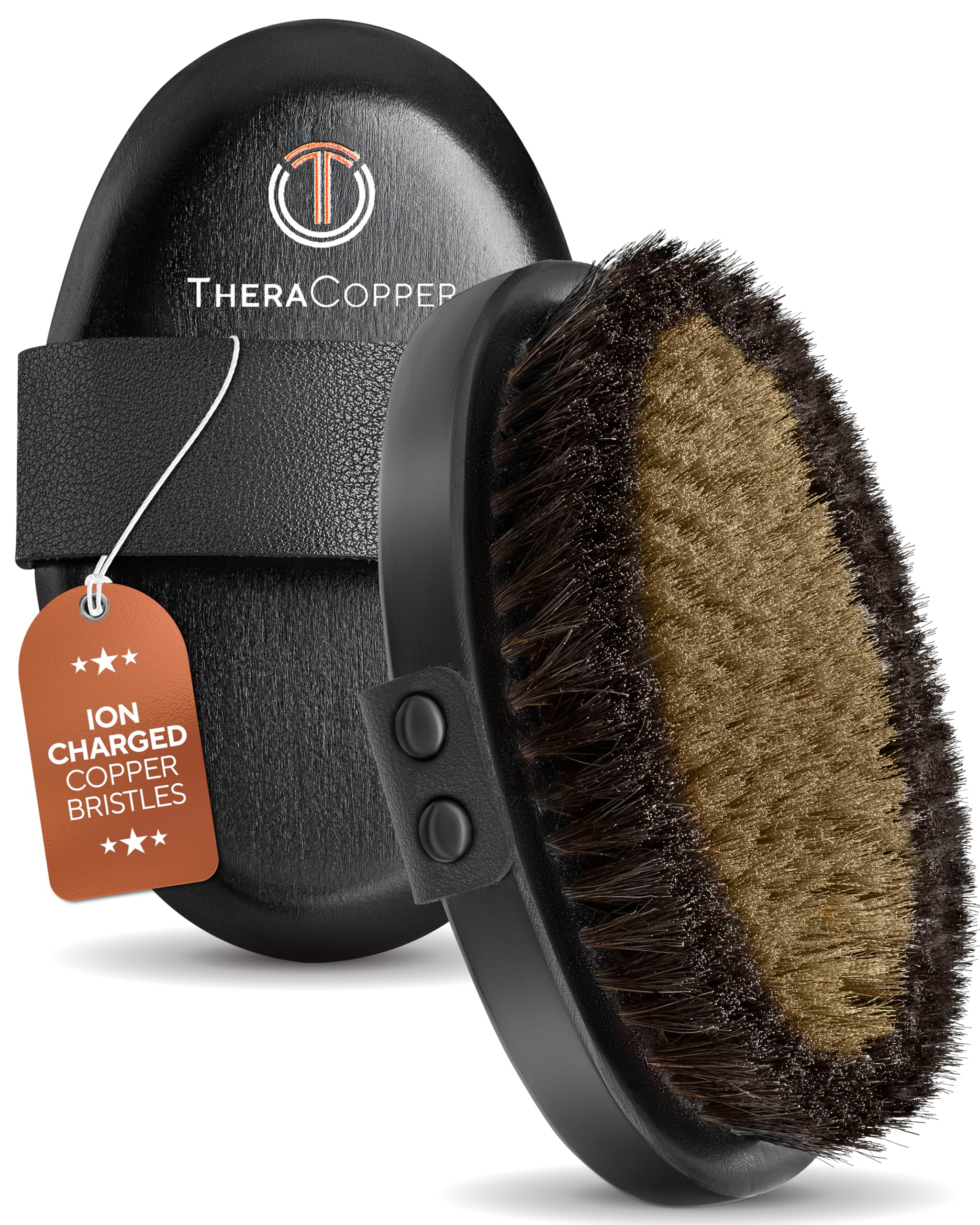 TheraCopper front view of the brush showing copper bristles and wooden handle benefit circulation