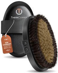TheraCopper front view of the brush showing copper bristles and wooden handle benefit circulation