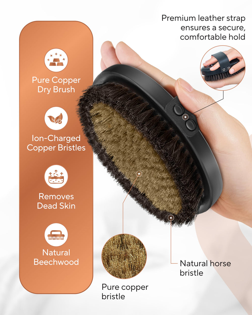 TheraCopper handle and leather hand strap detail for secure grip and precise control
