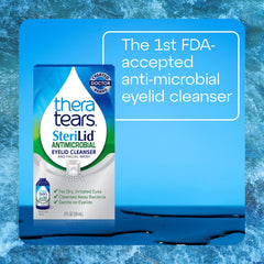 TheraTears SteriLid solution drops on fingertip showing clear, gentle texture