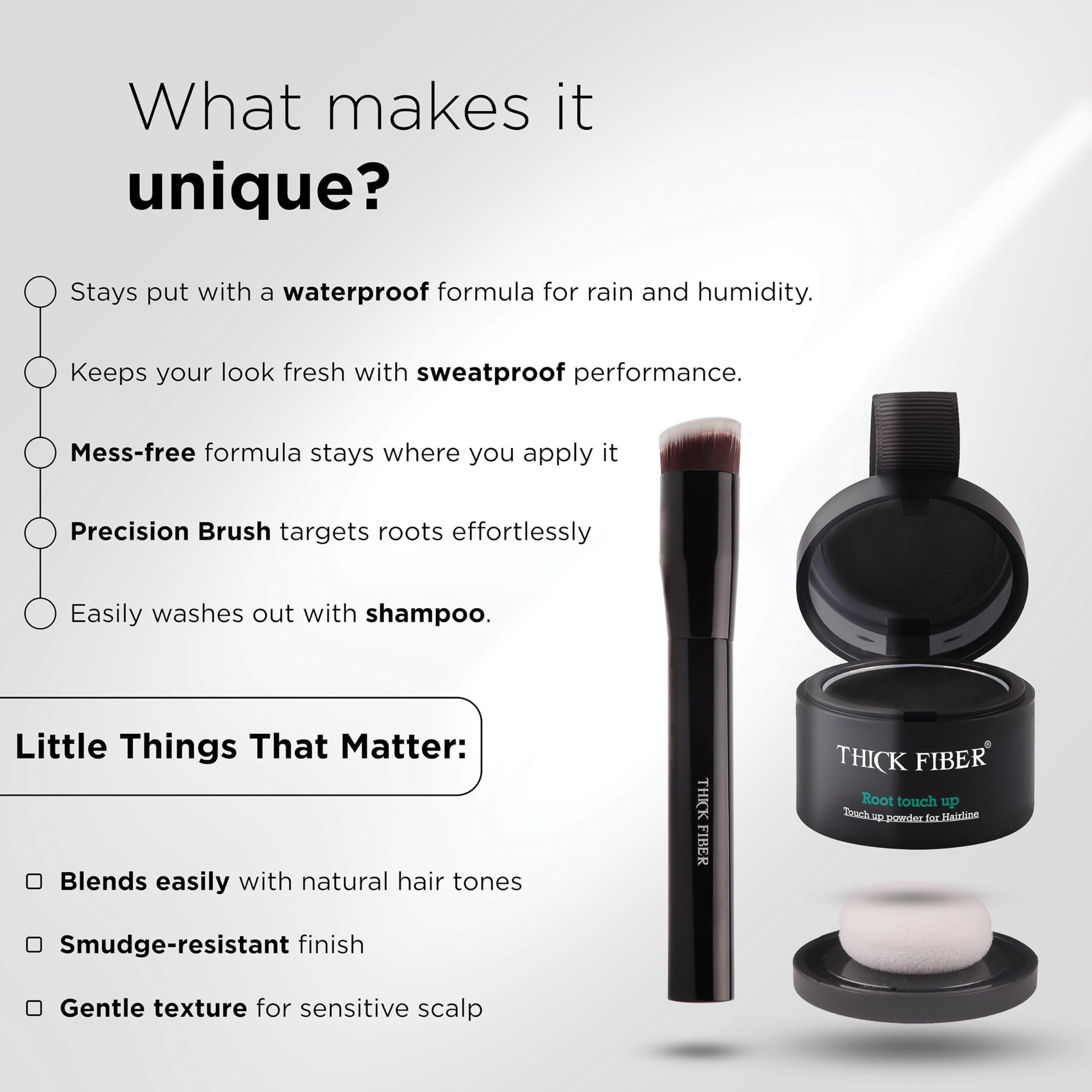 THICK FIBER compact size next to fingers, travel-friendly convenience