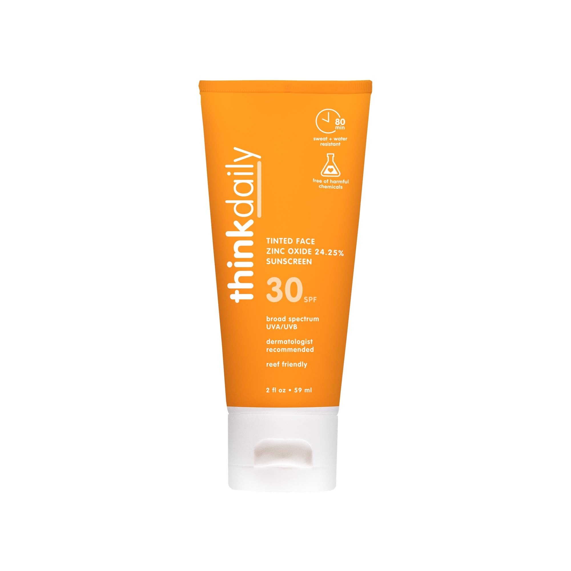 Think brand front tube showing SPF 30 and tinted face benefit