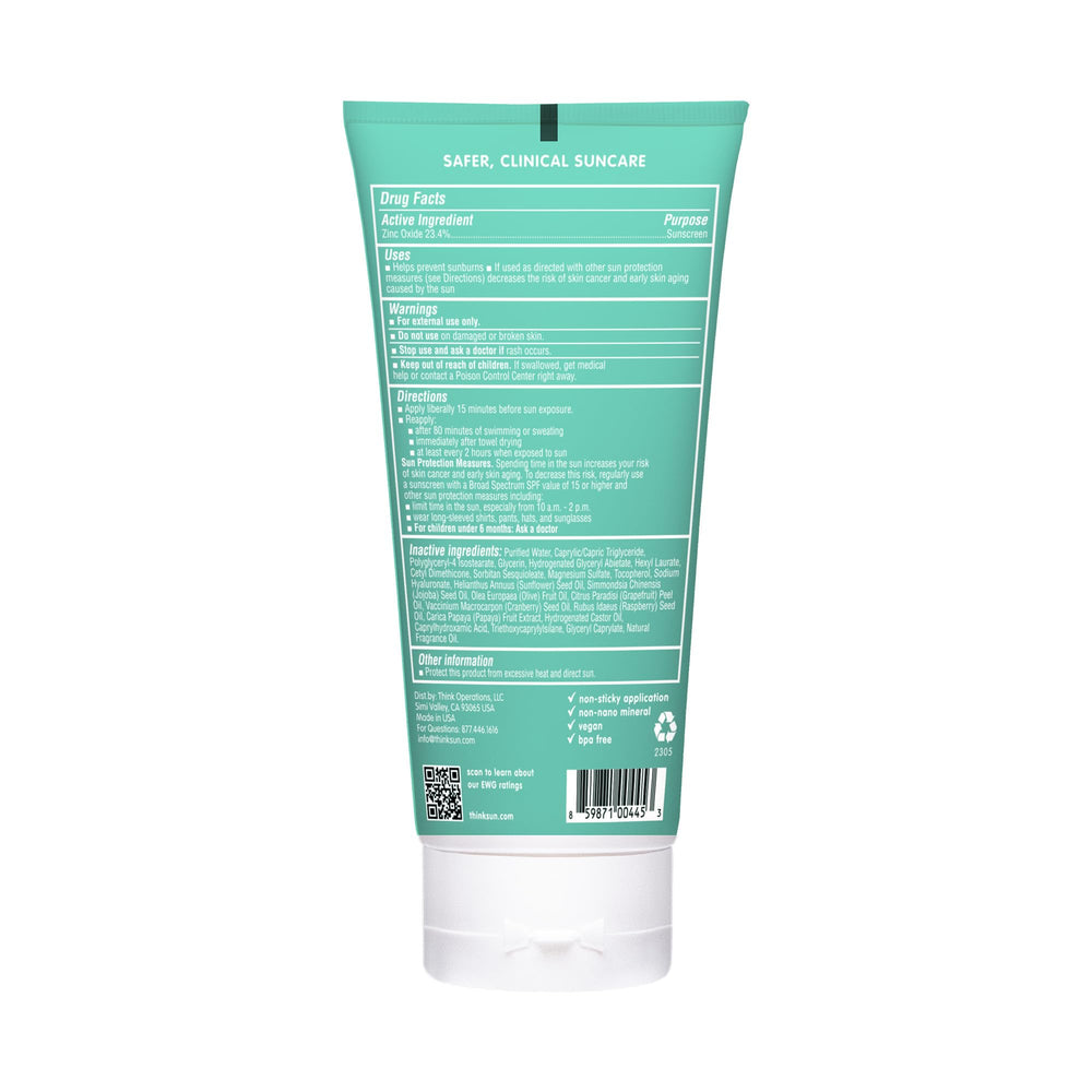 THINK sunscreen bottle poolside demonstrating up to 80 minutes water resistance