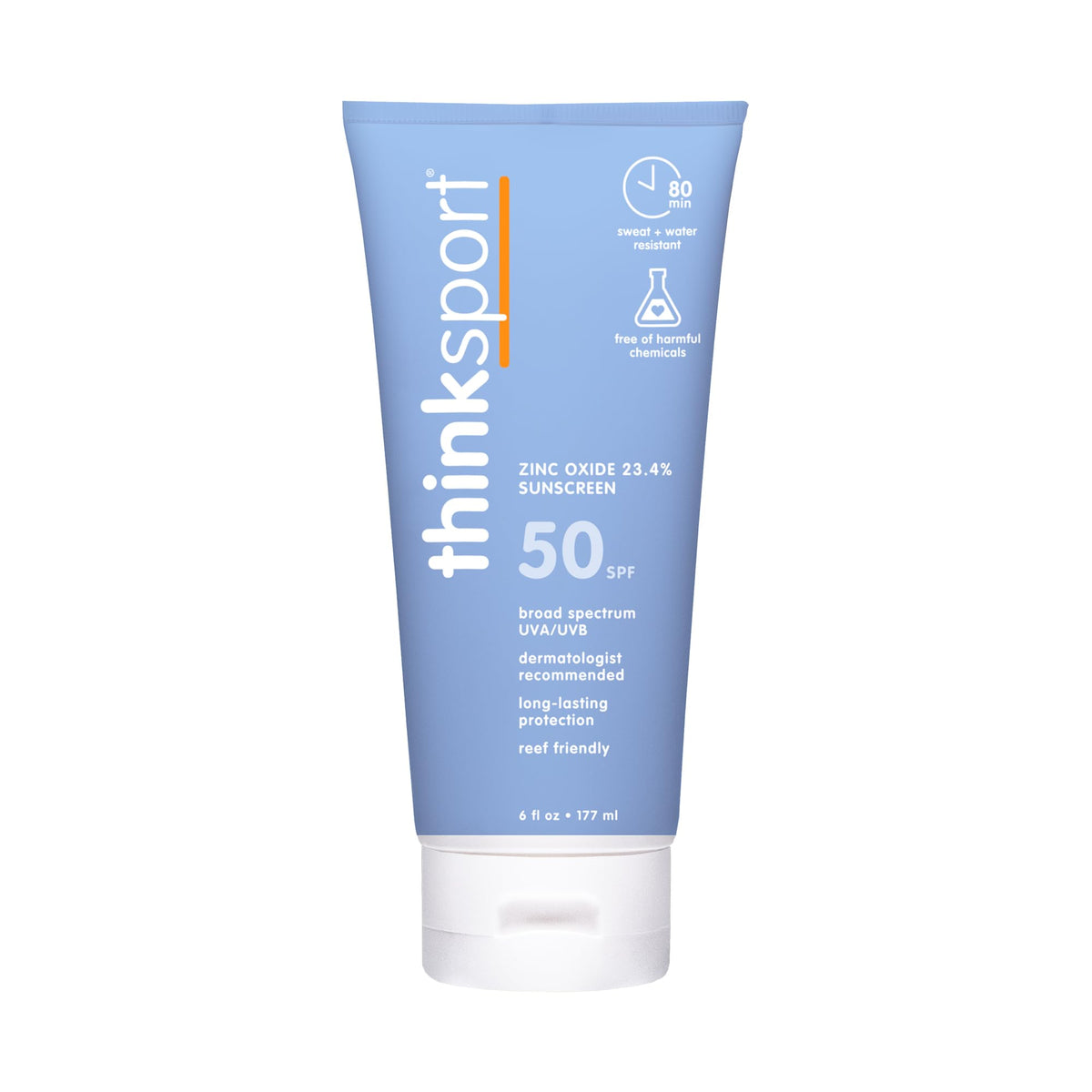 Thinksport front packaging 6 fl oz showing SPF 50+ protection for active use