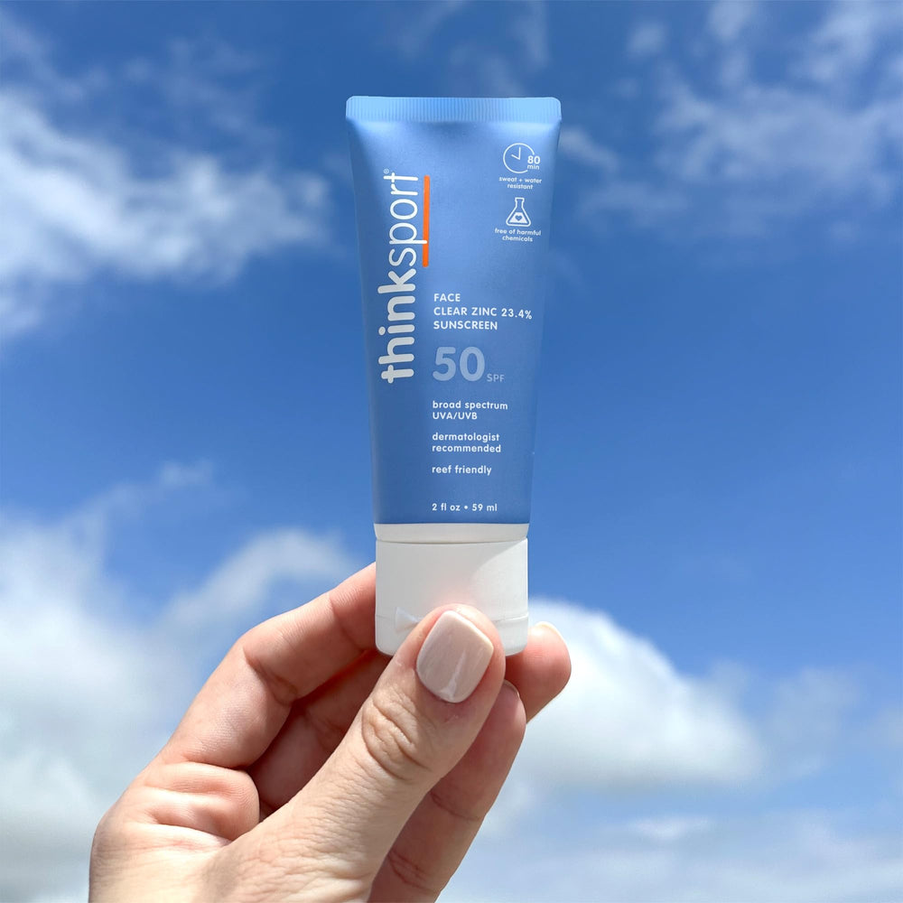 Thinksport open tube label showing ingredients and reef-safe claims