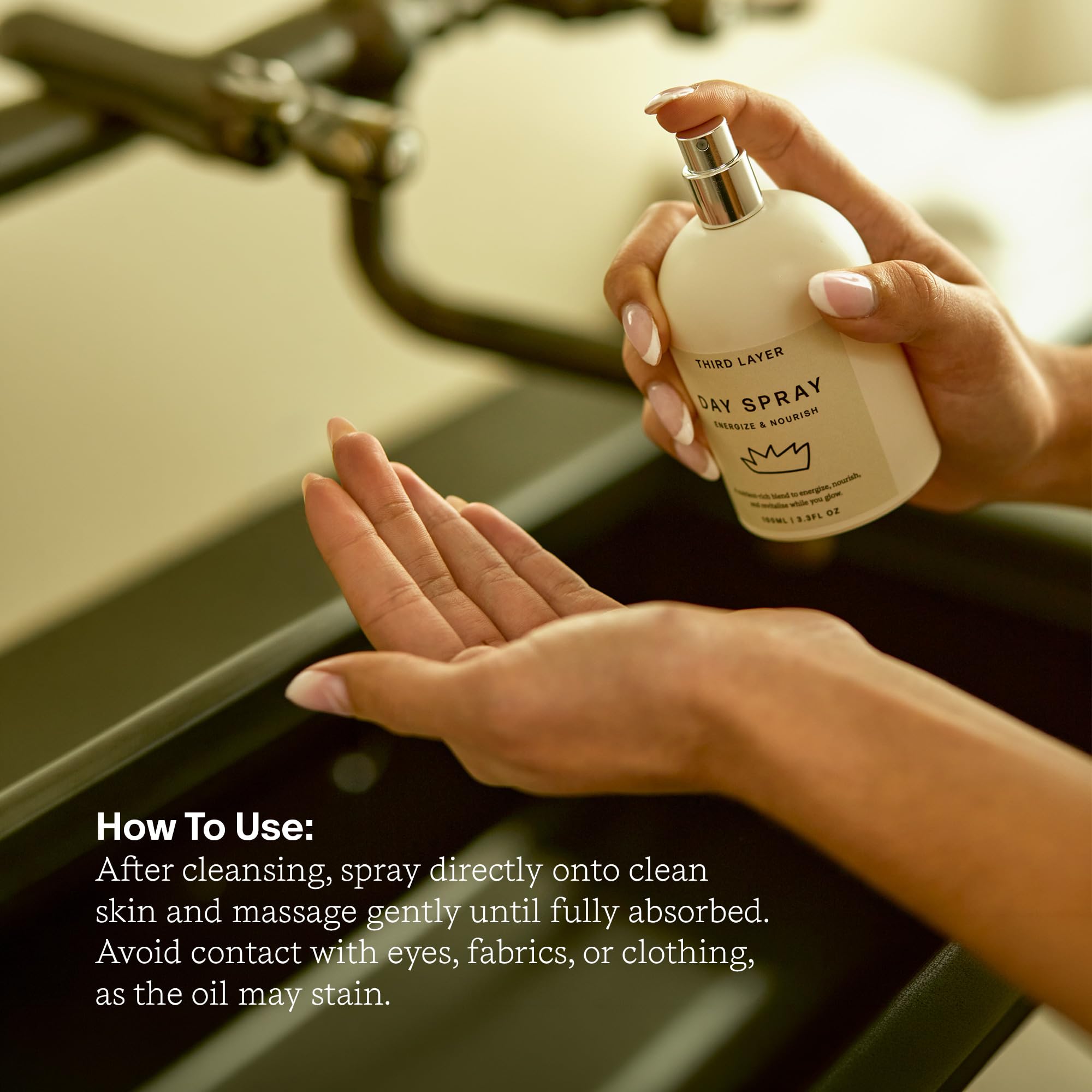 Third Layer bottle scale comparison showing compact 3.3 oz size ideal for travel