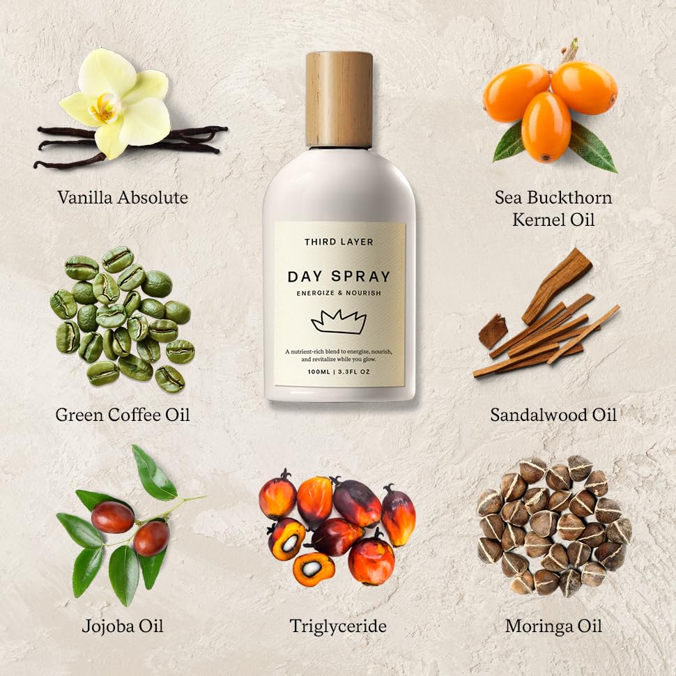 Third Layer ingredients flatlay featuring jojoba moringa green coffee sea buckthorn benefits