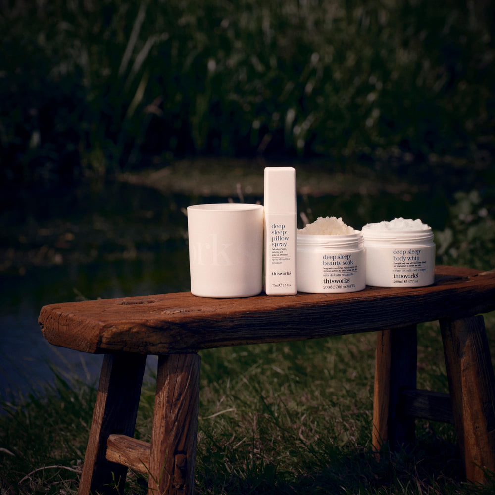 THISWORKS Deep Sleep range with body whip illustrating layered sleep-support routine