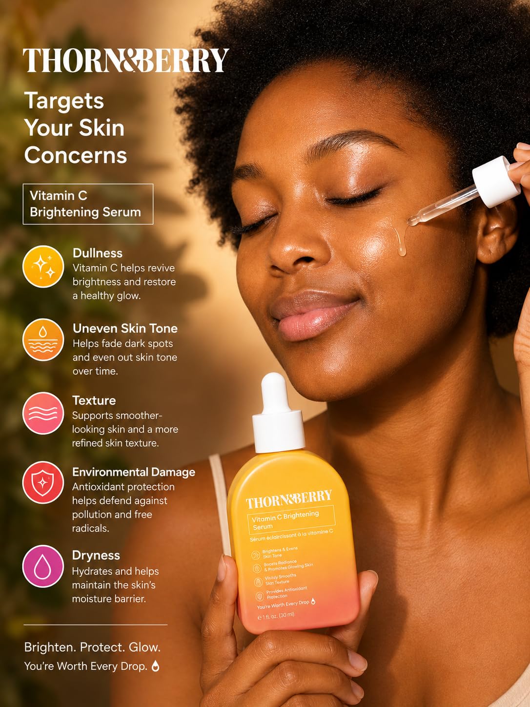 THORN & BERRY glossy serum texture on skin showing non-greasy finish