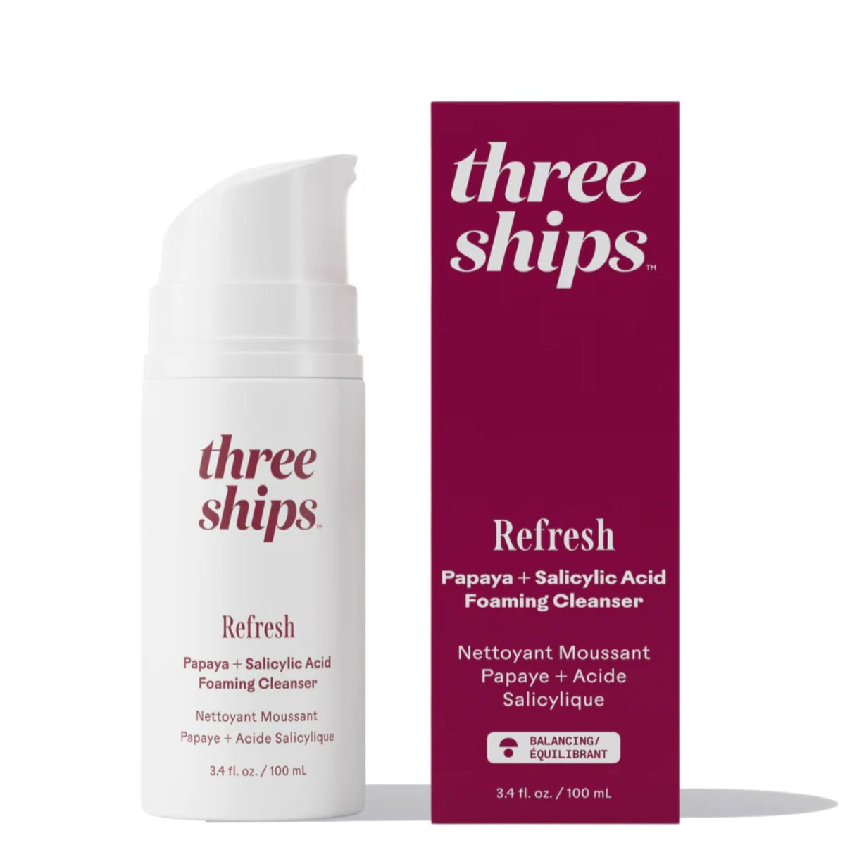 Three Ships Refresh cleanser front bottle shows clear branding and easy pump use