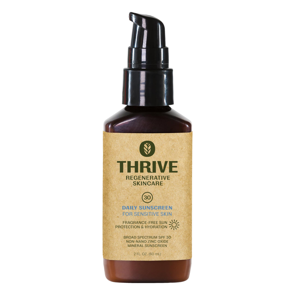 Thrive Natural Care front packaging showing SPF 30 face sunscreen benefits