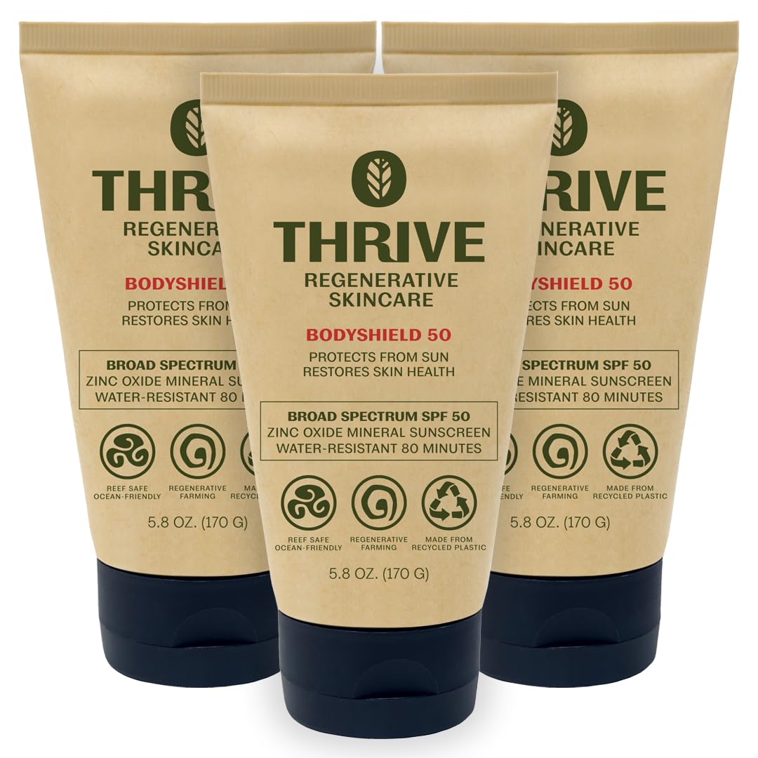Thrive Natural Care front packaging showing SPF50 and reef-safe badge