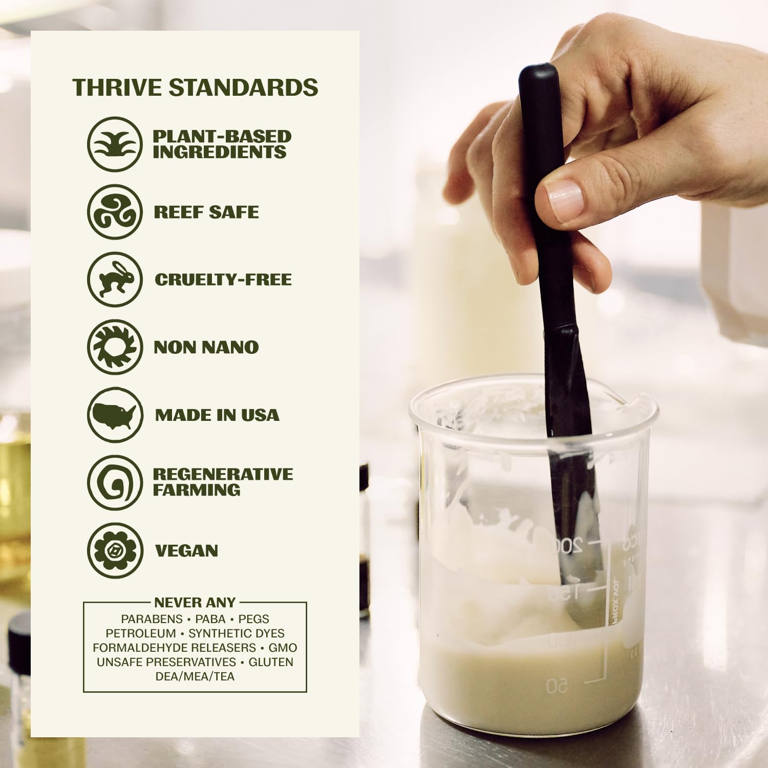Thrive Natural Care ingredient label detail highlighting gentle, vegan formula