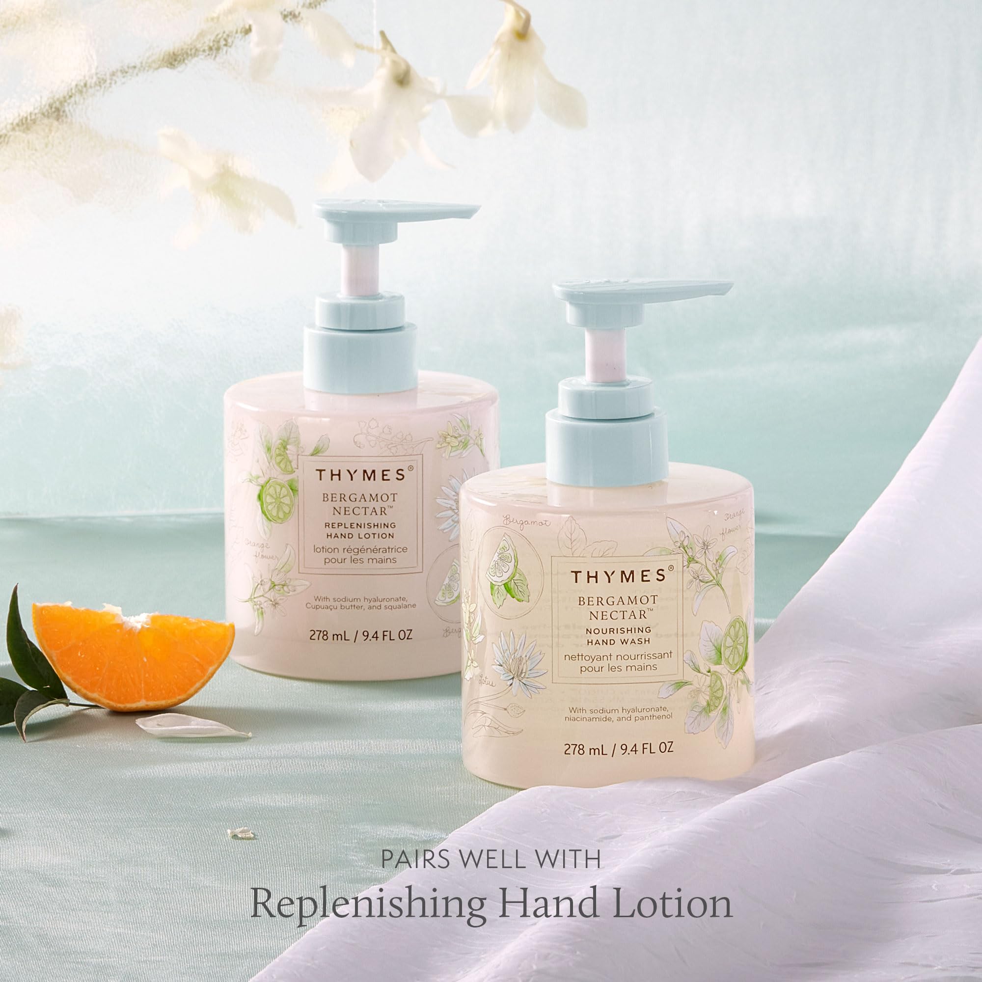 Thymes ingredient callout with niacinamide and hyaluronate emphasizing hydration benefit