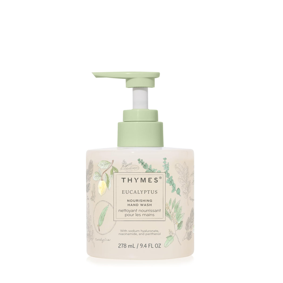 Thymes bottle front view showcasing eucalyptus scent and elegant glass design for display