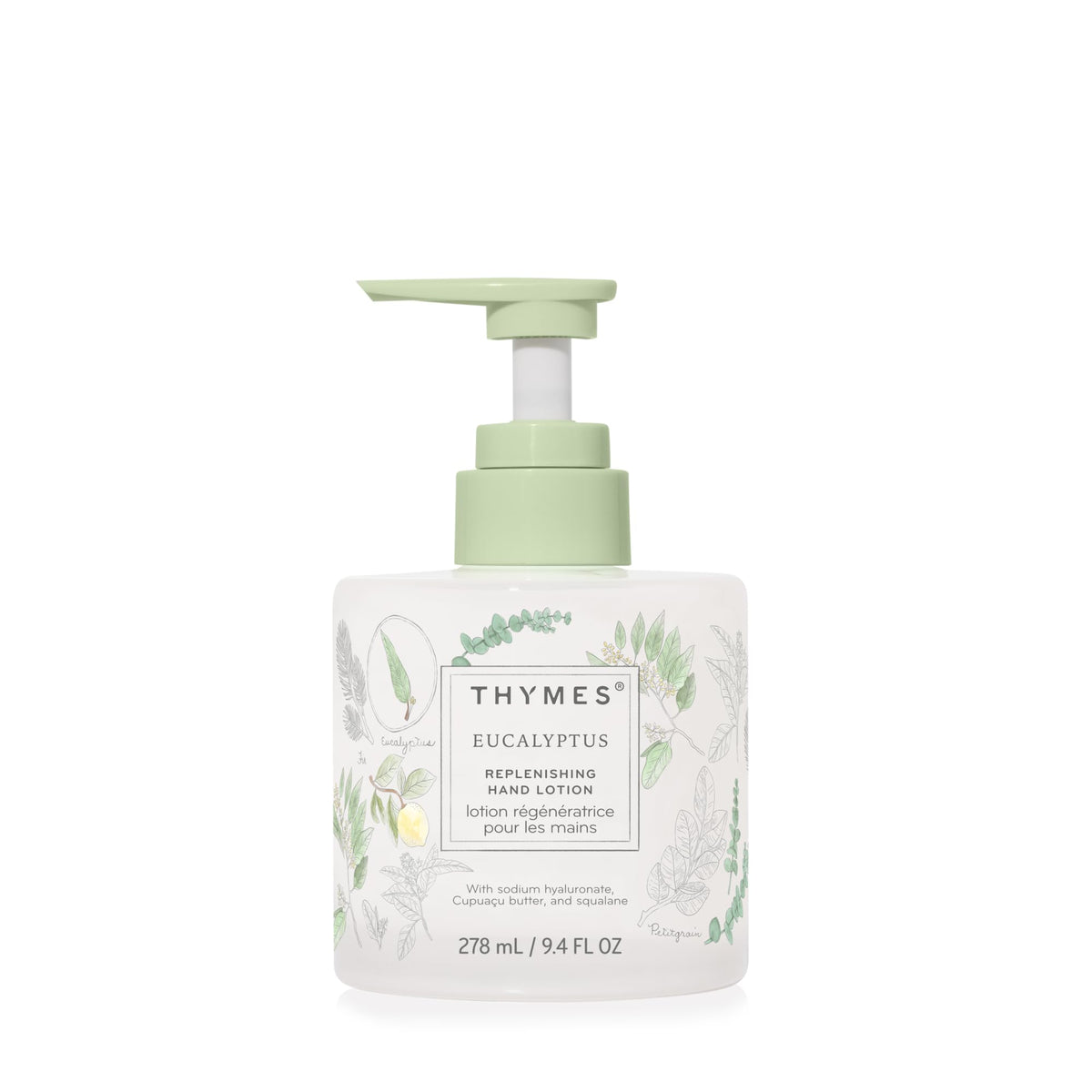 Thymes eucalyptus front packaging showing elegant bottle and label, highlighting premium presentation