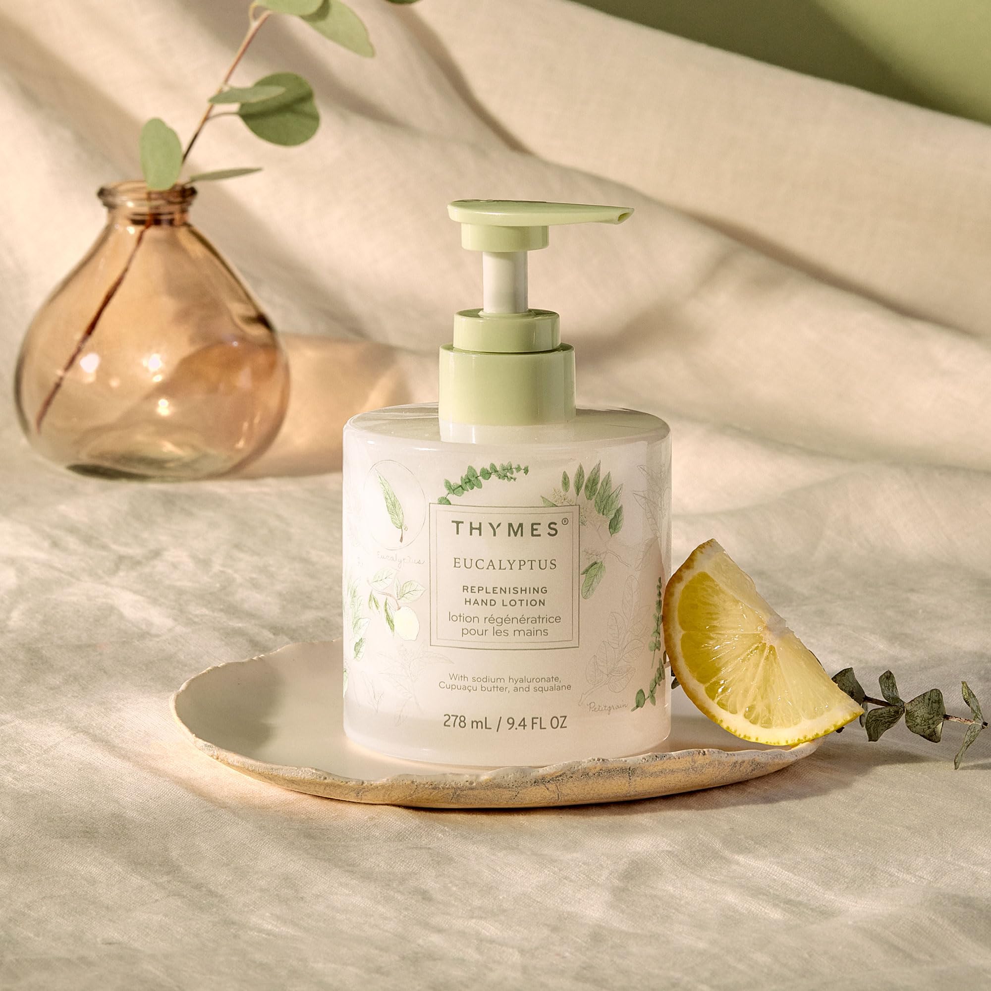Thymes eucalyptus pump dispenser dispensing lotion for convenient, mess-free application benefit