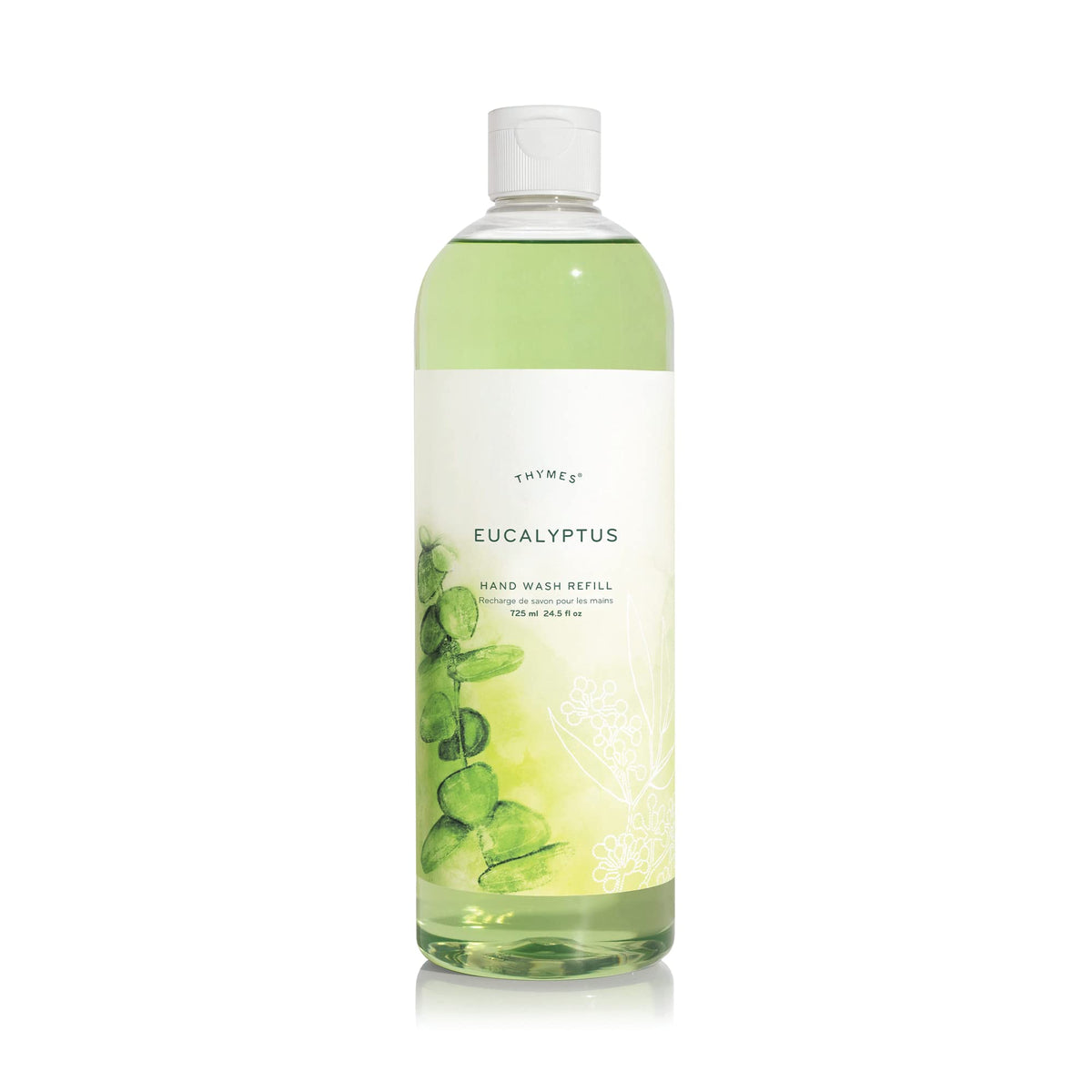 Thymes refill front label showing eucalyptus scent and 24.5 fl oz benefits