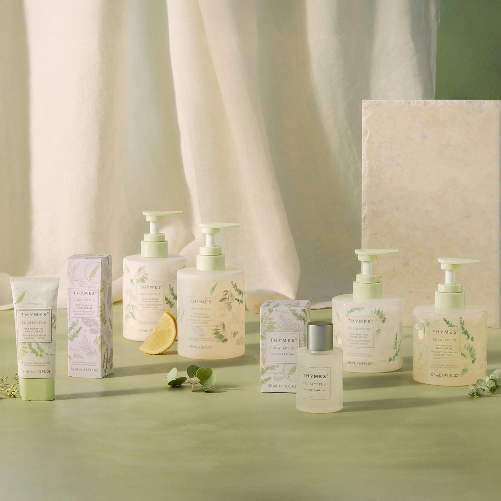 Thymes eucalyptus scale comparison beside everyday items showing generous 9.4 fl oz size benefit