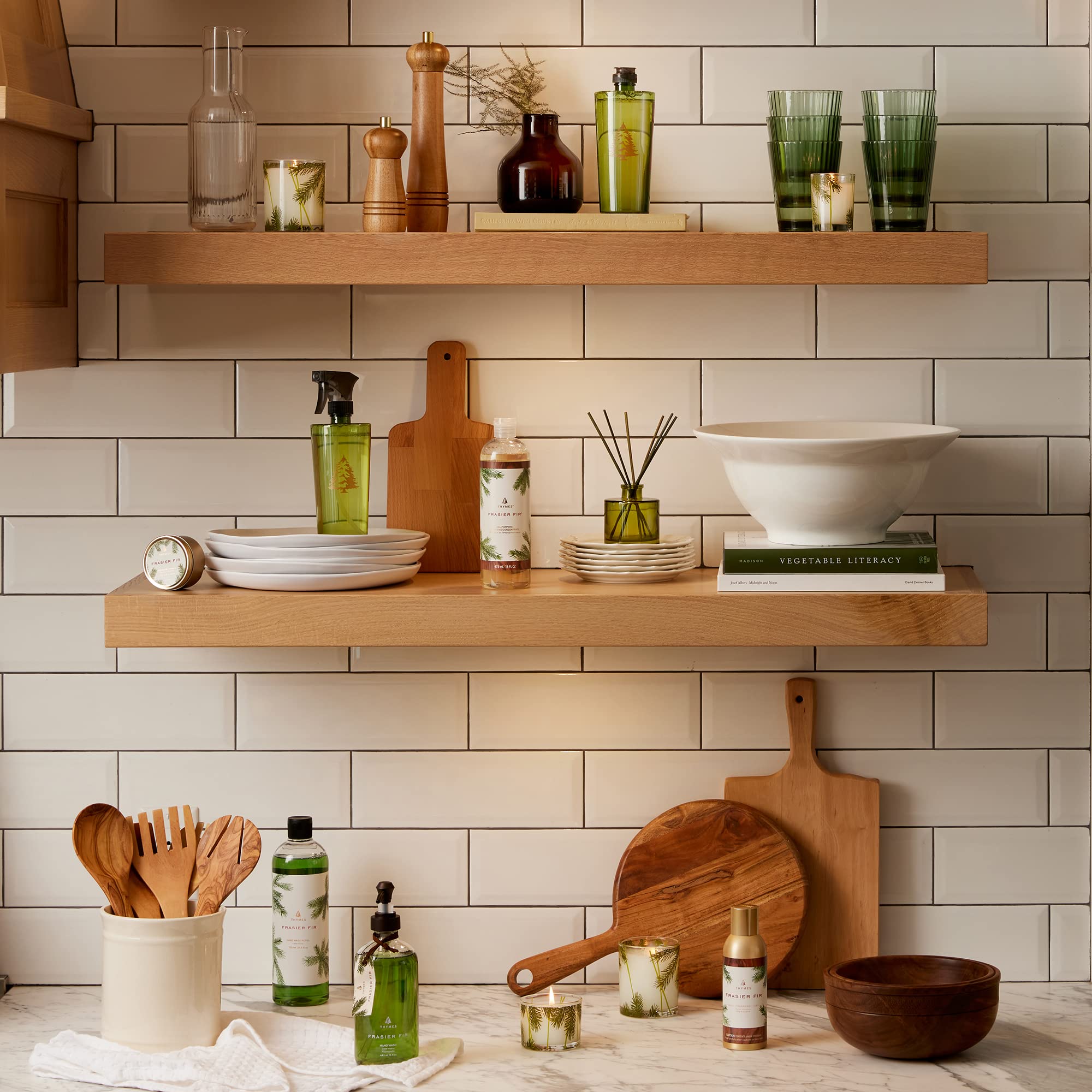 Thymes Frasier Fir displayed at sink conveying clean, scented home benefit