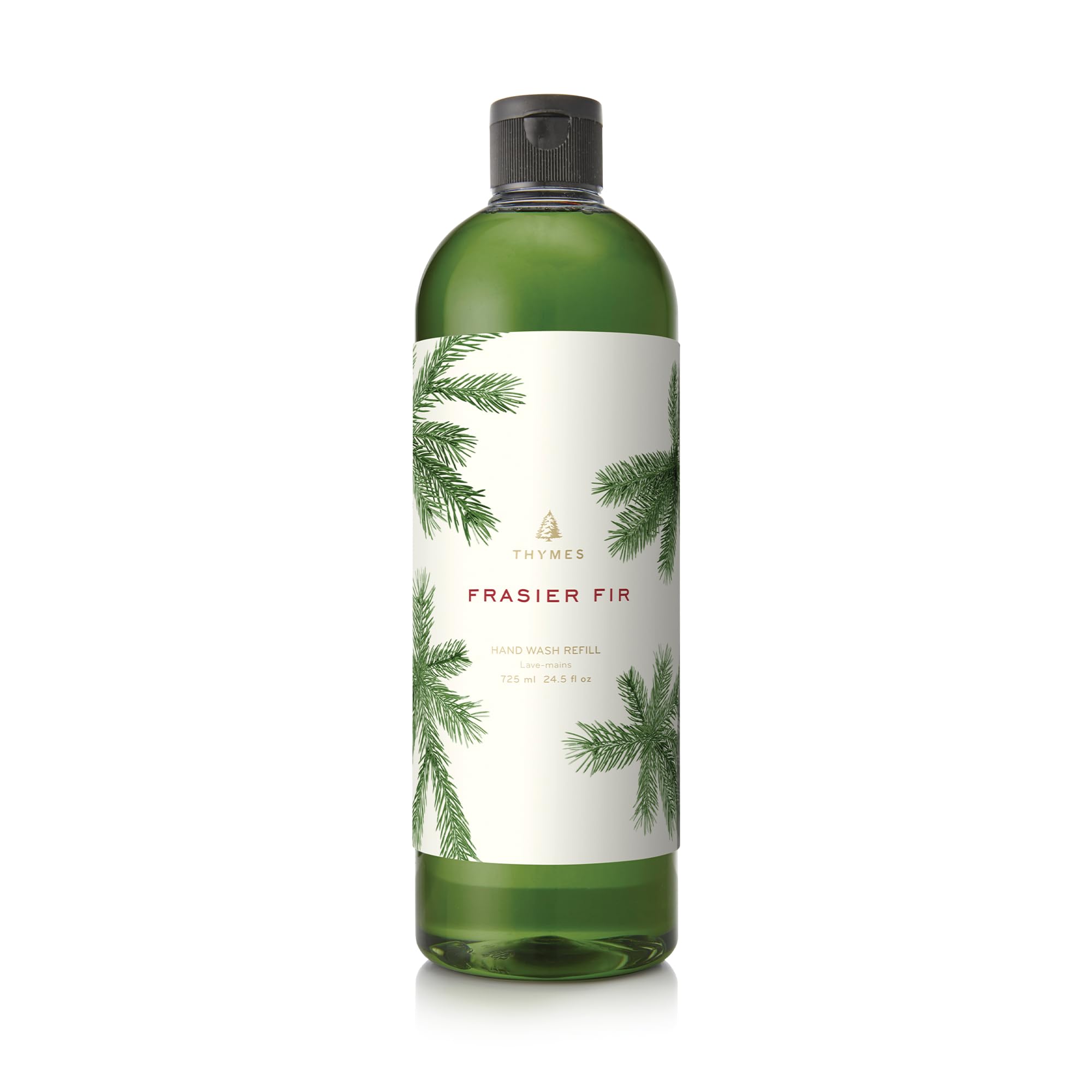 Thymes Frasier Fir front packaging showing refill bottle and volume benefit