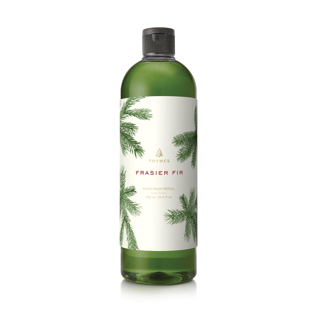 Thymes Frasier Fir front packaging showing refill bottle and volume benefit
