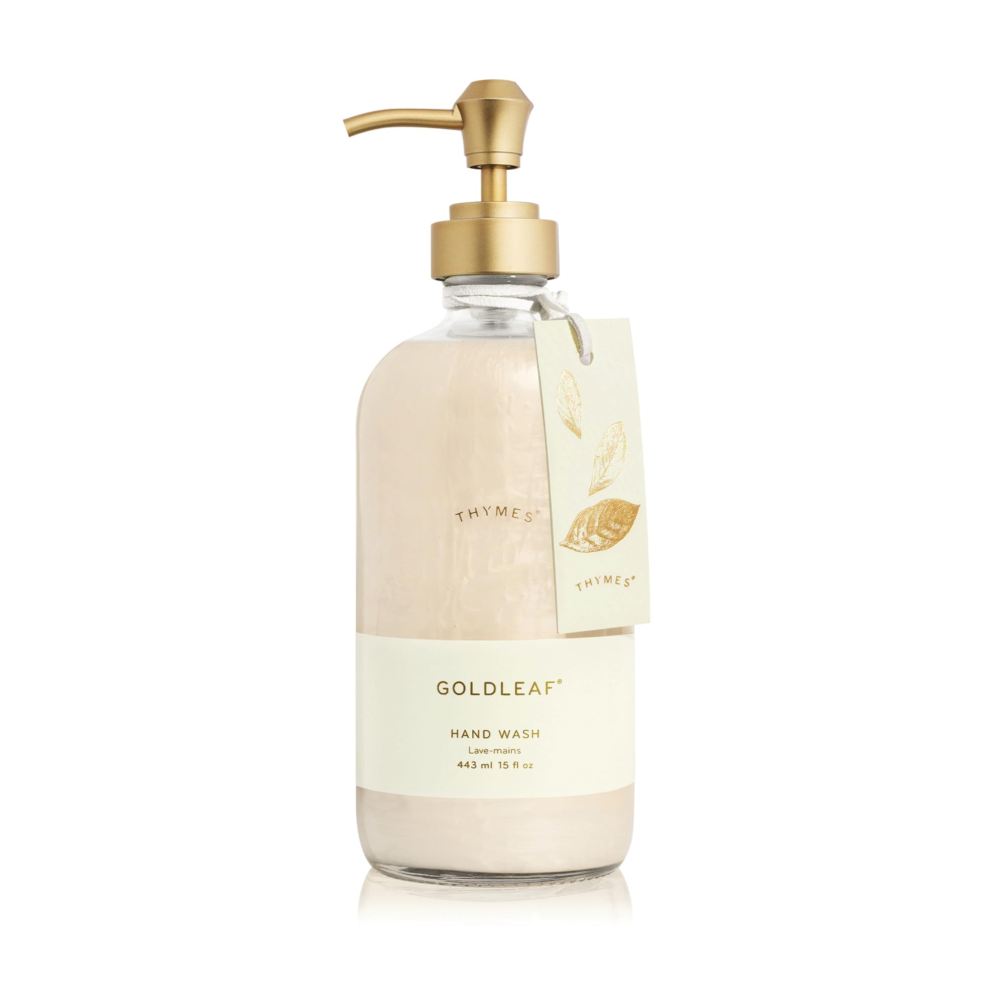 Thymes Goldleaf front bottle showing elegant glass and floral scent benefit