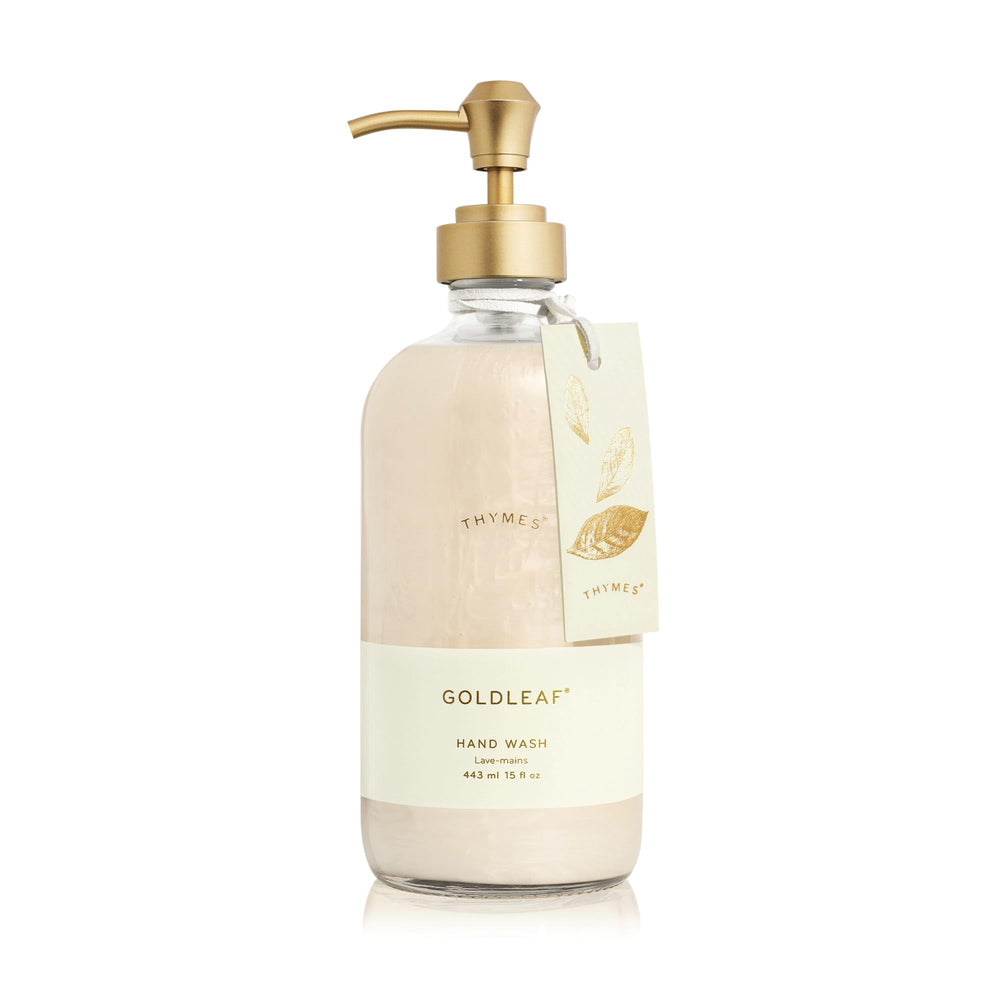 Thymes Goldleaf front bottle showing elegant glass and floral scent benefit